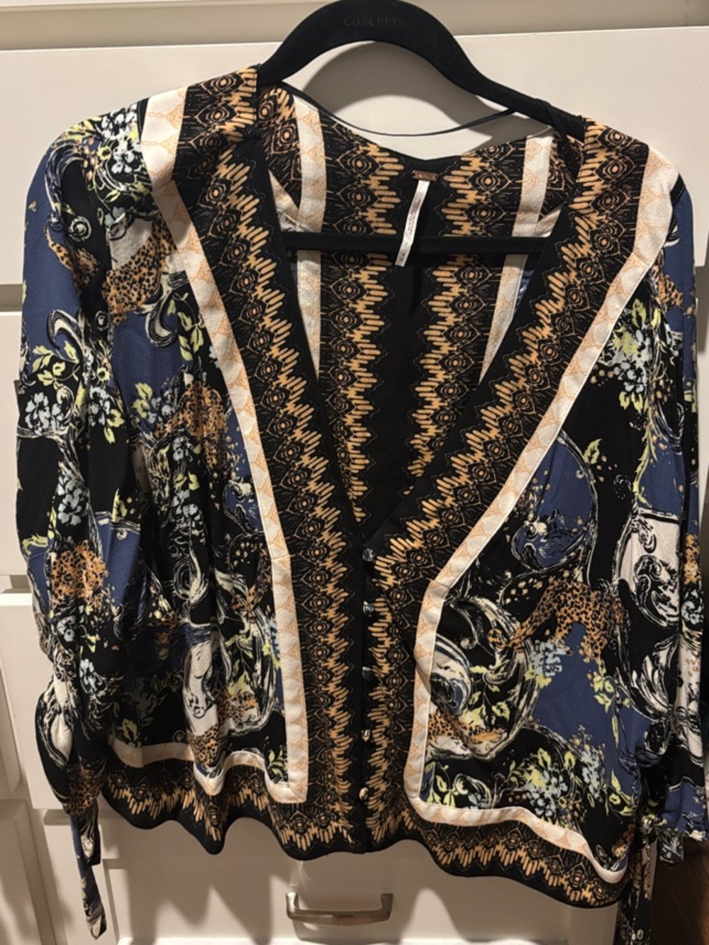 Free People Mixed Print V‑Neck Blouse in Navy, Black & Cream